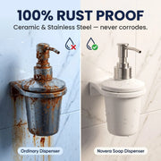 Comparison of an ordinary rusted soap dispenser and a Novera rust-proof soap dispenser on tiled walls.