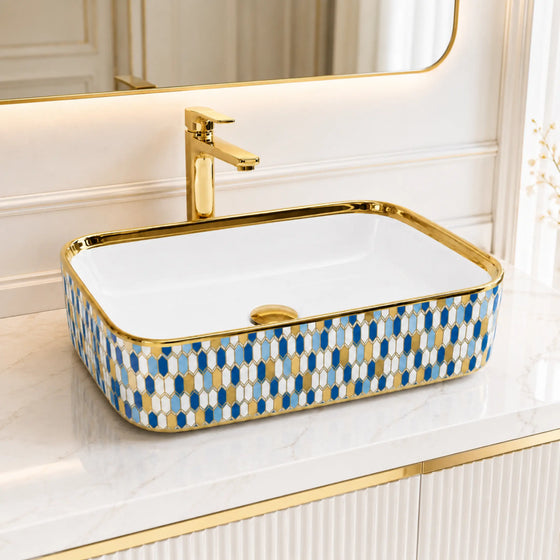 Novera Global Ceramic Table Top Wash Basin | Glossy Gold Rectangular Vessel Sink | Above Counter Vessel Sink for Bathroom Vanity | 5-Year Warranty | Glossy Countertop Wash Bowl (Blue Gold Mosaic) Novera Global