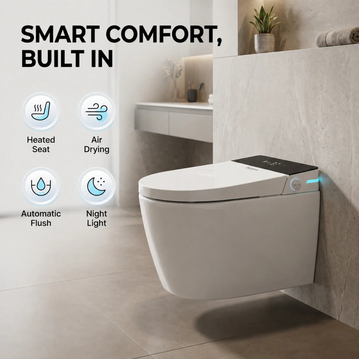 Novera Global Smart Wall Hung Toilet | 4-Way Smart Control Western Commode, Remote & Side Knob Control, Wireless Pad | 5 Year Warranty | Auto Lid, Foot Sensor, Heated Seat, Bidet Wash, Digital Display Novera Global
