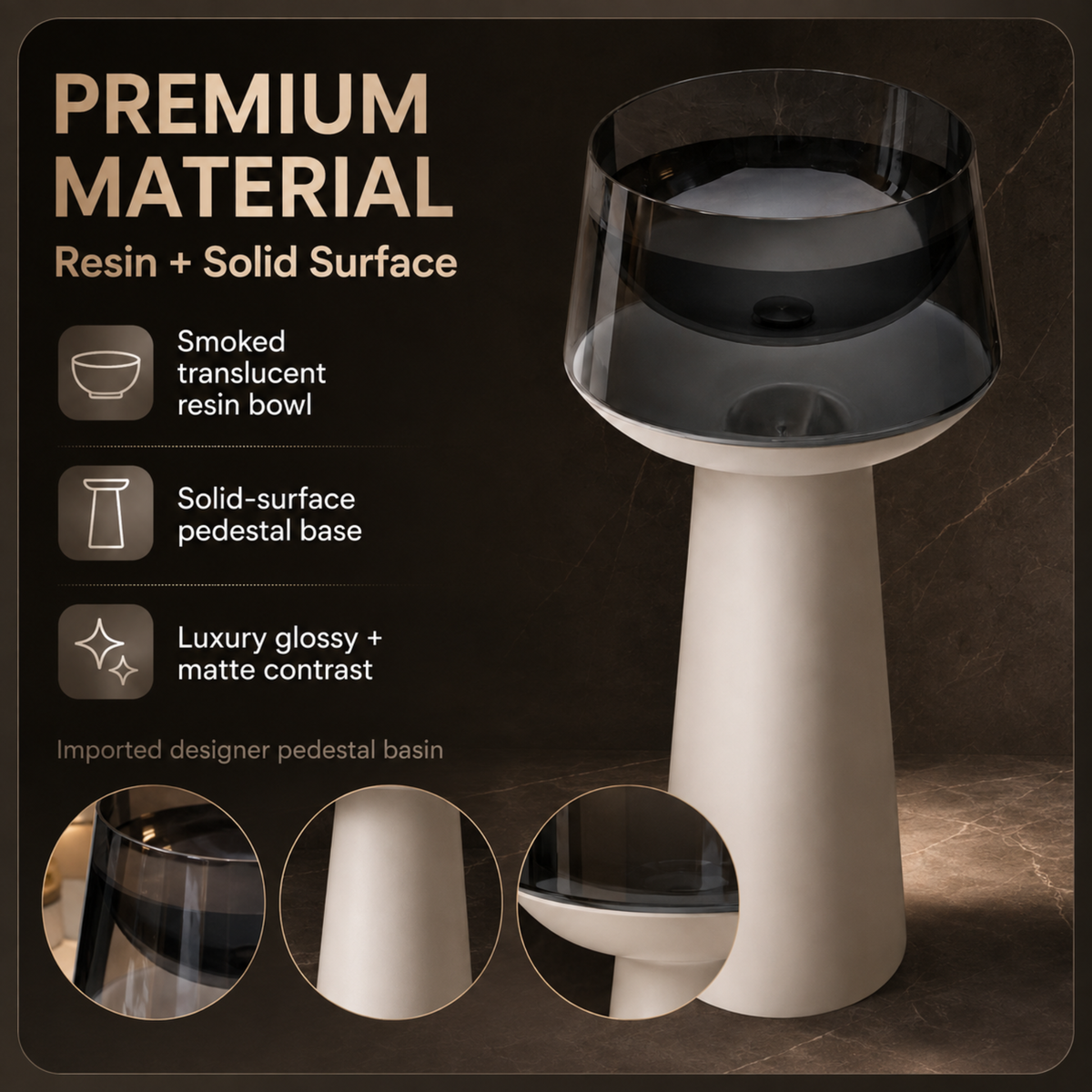 Novera Global Vesper Freestanding Pedestal Wash Basin | 10-Years Warranty | Smoked Translucent Resin Bowl & Solid Surface Base Pedestal | Floor Standing Designer Bathroom Basin with Drainer | 500 x 500 x 900 mm (Black & White)