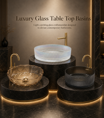 Novera Global wudu wash basin and glass pedestal basin collection — premium bath fixtures in India