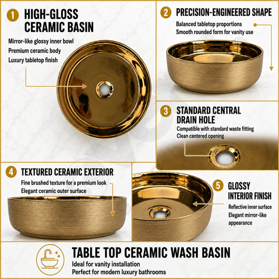 Novera Global Ceramic Table Top Wash Basin | Glossy Finish Round Vessel Sink | Above Counter Vessel Sink for Bathroom Vanity | 5-Years Warranty | Imported Glossy Countertop Wash Bowl (Rose Gold) Novera Global