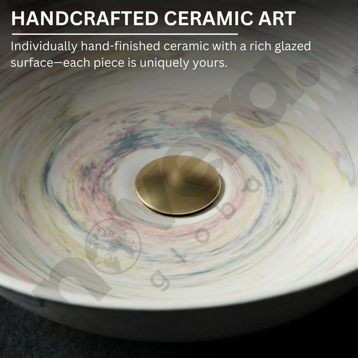 Handcrafted ceramic art piece with a gold center and multicolored glaze.