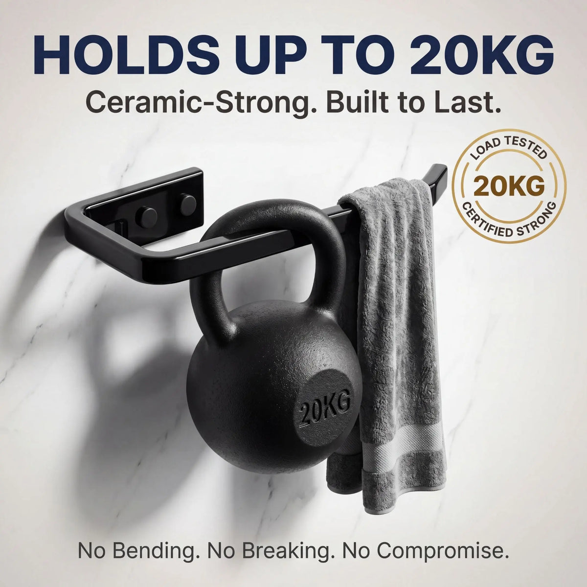 Black kettlebell with towel on a white background, featuring text about weight capacity and durability.