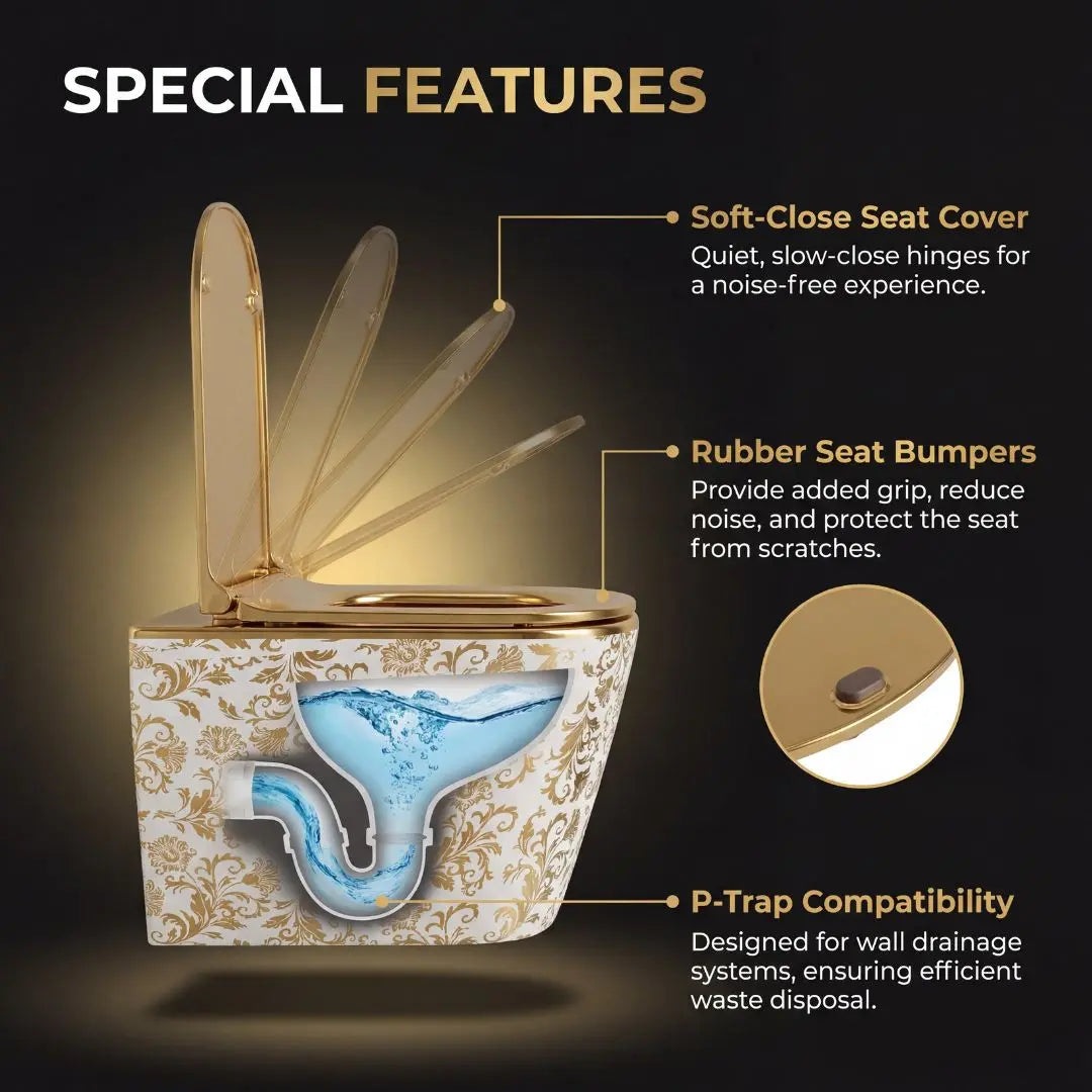 Tokyo Wall Hung Western Toilet | Ceramic Wall Mounted Commode with UF Soft Close Seat (Gold & White) – Novera Global Novera Global