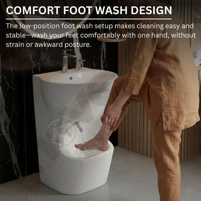Person washing feet in a white foot wash basin with text about comfort design.
