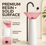 Novera Global Bloom Freestanding Pedestal Wash Basin | 10-Years Warranty | Premium Resin & Solid Surface Floor Standing Designer Basin | Translucent Pink Bowl | Drainer Included, 450 × 450 × 900 mm
