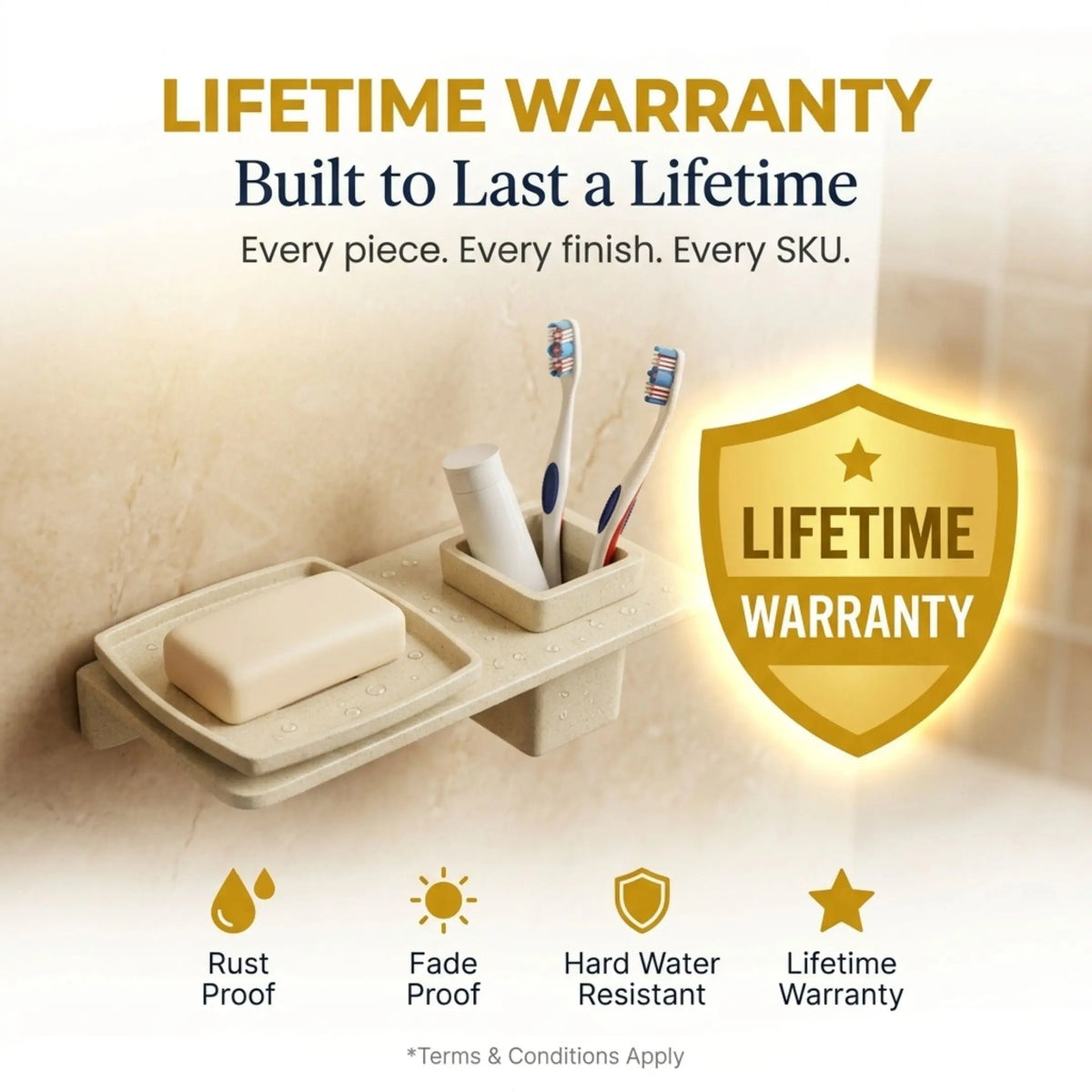 Bathroom organizer with soap dish and toothbrush holder, featuring a lifetime warranty guarantee.