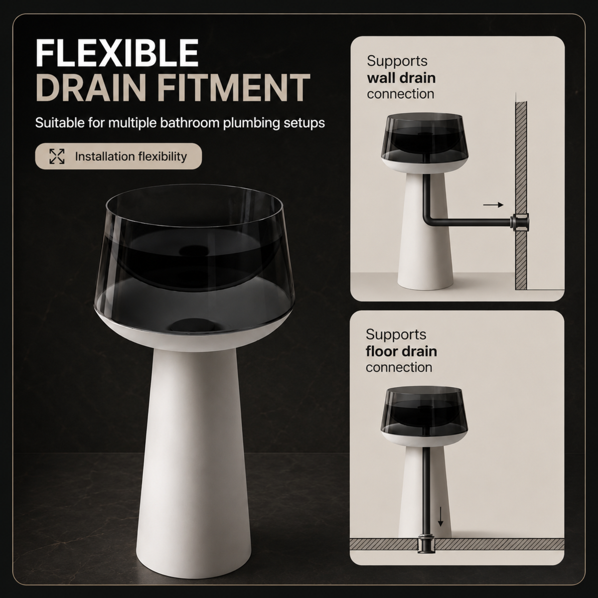 Novera Global Vesper Freestanding Pedestal Wash Basin | 10-Years Warranty | Smoked Translucent Resin Bowl & Solid Surface Base Pedestal | Floor Standing Designer Bathroom Basin with Drainer | 500 x 500 x 900 mm (Black & White)
