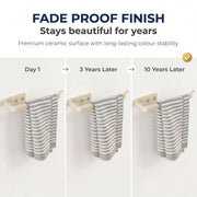 Towel rack with striped towel showing color stability over time on a white background