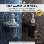 Soap dispenser before and after hard water exposure on a marble surface.