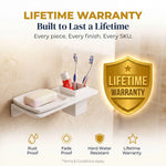 Wall-mounted bathroom organizer with toothbrushes and soap, featuring a lifetime warranty badge.