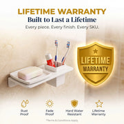 Wall-mounted bathroom organizer with toothbrushes and soap, featuring a lifetime warranty badge.