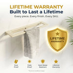 Towel rack with a gold lifetime warranty badge on a light background