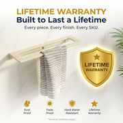 Towel rack with a gold lifetime warranty badge on a light background