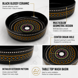 Novera Global Designer Ceramic Table Top Wash Basin | Round Above Counter Vessel Sink for Bathroom Vanity | 5-Years Warranty | Mandala Art Countertop Wash Bowl | Glossy Finish Wash Basin (BLACK)