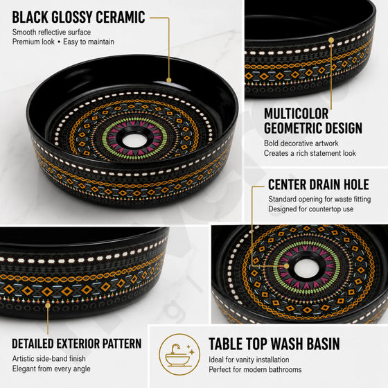 Novera Global Designer Ceramic Table Top Wash Basin | Round Above Counter Vessel Sink for Bathroom Vanity | 5-Years Warranty | Mandala Art Countertop Wash Bowl | Glossy Finish Wash Basin (BLACK) Novera Global
