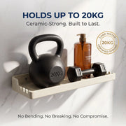 Shelf holding a kettlebell, dumbbells, and a bottle with text about its load capacity.