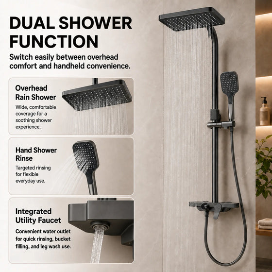 Smart Shower Panel Set, Triple Flow Functions, Wall-Mount Chrome Finish | 5-Year Warranty | Mixer with Hot & Cold Dual Knob, Adjustable Height Shower Panel (Brushed Gunmetal) Novera Global
