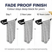 Towel rack with towels showing color retention over time against a white background