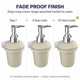 Soap dispenser with marble finish showing color stability over time on a white background.