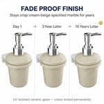 Soap dispenser with marble finish showing color stability over time on a white background.