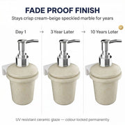 Soap dispenser with marble finish showing color stability over time on a white background.