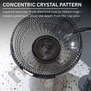 Close-up of a crystal patterned object with text describing its layered textures.