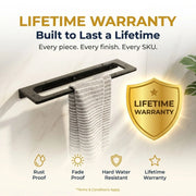Towel rack with towel and lifetime warranty badge on a light background
