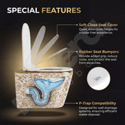 Toilet with labeled special features on a dark background