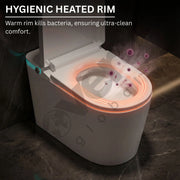 Hygienic heated rim of a toilet with glowing orange light and text explaining its benefits.