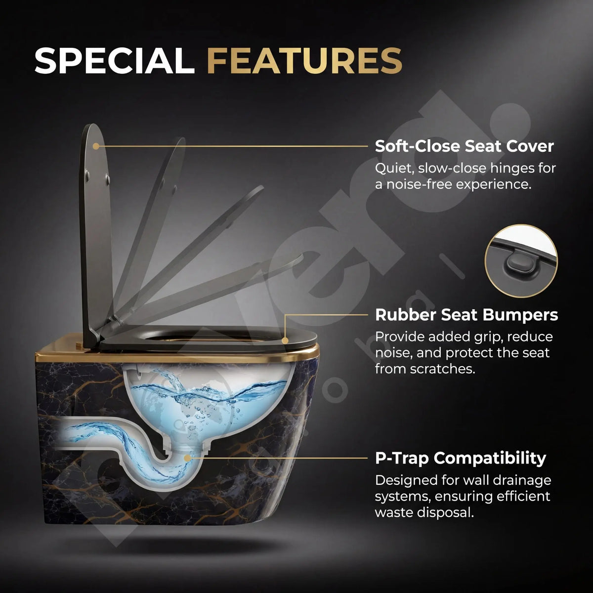 Toilet seat with labeled special features on a dark background