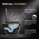 Toilet seat with labeled special features on a dark background