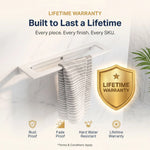 Towel rack with striped towel and lifetime warranty badge on a light background