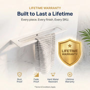 Towel rack with striped towel and lifetime warranty badge on a light background