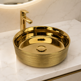 Novera Global Gold Designer Ceramic Table Top Wash Basin | Above Counter Vessel Sink for Bathroom Vanity | 5-Year Warranty | Imported Glossy Countertop Wash Bowl (Glossy Gold)