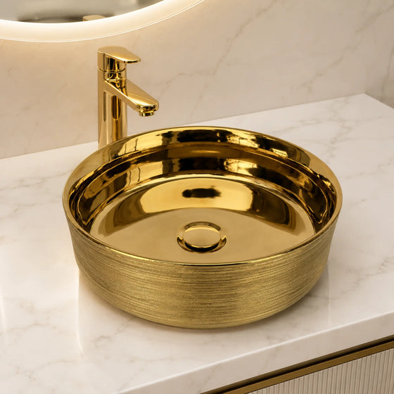 Novera Global Gold Designer Ceramic Table Top Wash Basin | Above Counter Vessel Sink for Bathroom Vanity | 5-Year Warranty | Imported Glossy Countertop Wash Bowl (Glossy Gold) Novera Global