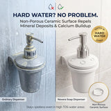Soap dispensers with text highlighting the benefits of a non-porous ceramic surface in hard water environments.