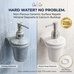 Soap dispensers with text highlighting the benefits of a non-porous ceramic surface in hard water environments.