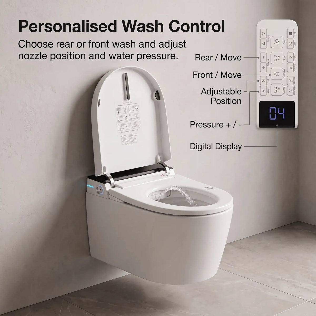 Novera Global Smart Wall Hung Toilet | 4-Way Smart Control Western Commode, Remote & Side Knob Control, Wireless Pad | 5 Year Warranty | Auto Lid, Foot Sensor, Heated Seat, Bidet Wash, Digital Display Novera Global