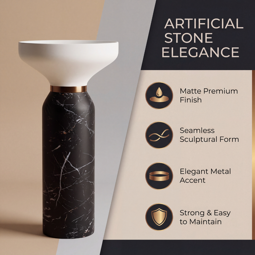 Novera Global Atlas Freestanding Pedestal Wash Basin | 10 Year Warranty | Artificial Stone Floor Standing Bathroom Sink | Matte White & Black Marble Look Pedestal Basin | Drain Included, 460 x 460 x 880 mm