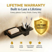Wall-mounted bathroom organizer with soap and toothbrushes, featuring a lifetime warranty badge.