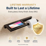 Wall-mounted phone holder with lifetime warranty guarantee on a beige background