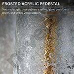 Frosted acrylic pedestal with text describing its features