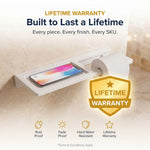 White shelf with smartphone on a beige wall background, featuring a lifetime warranty badge.