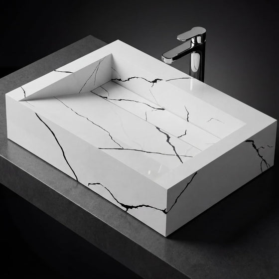 Novera Global Rectangular Ceramic Tile Wash Basin – Glossy White Black Marble