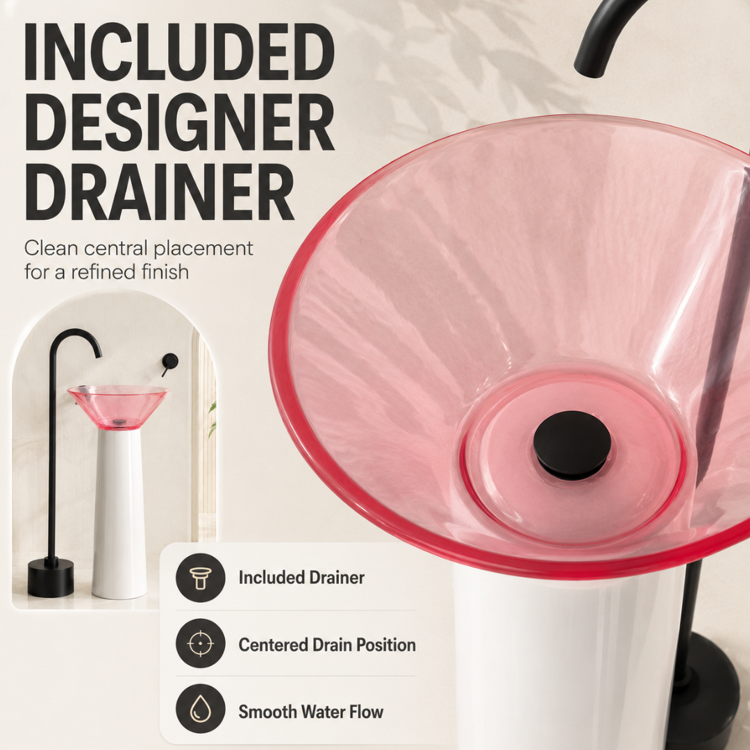 Novera Global Bloom Freestanding Pedestal Wash Basin | 10-Years Warranty | Premium Resin & Solid Surface Floor Standing Designer Basin | Translucent Pink Bowl | Drainer Included, 450 × 450 × 900 mm
