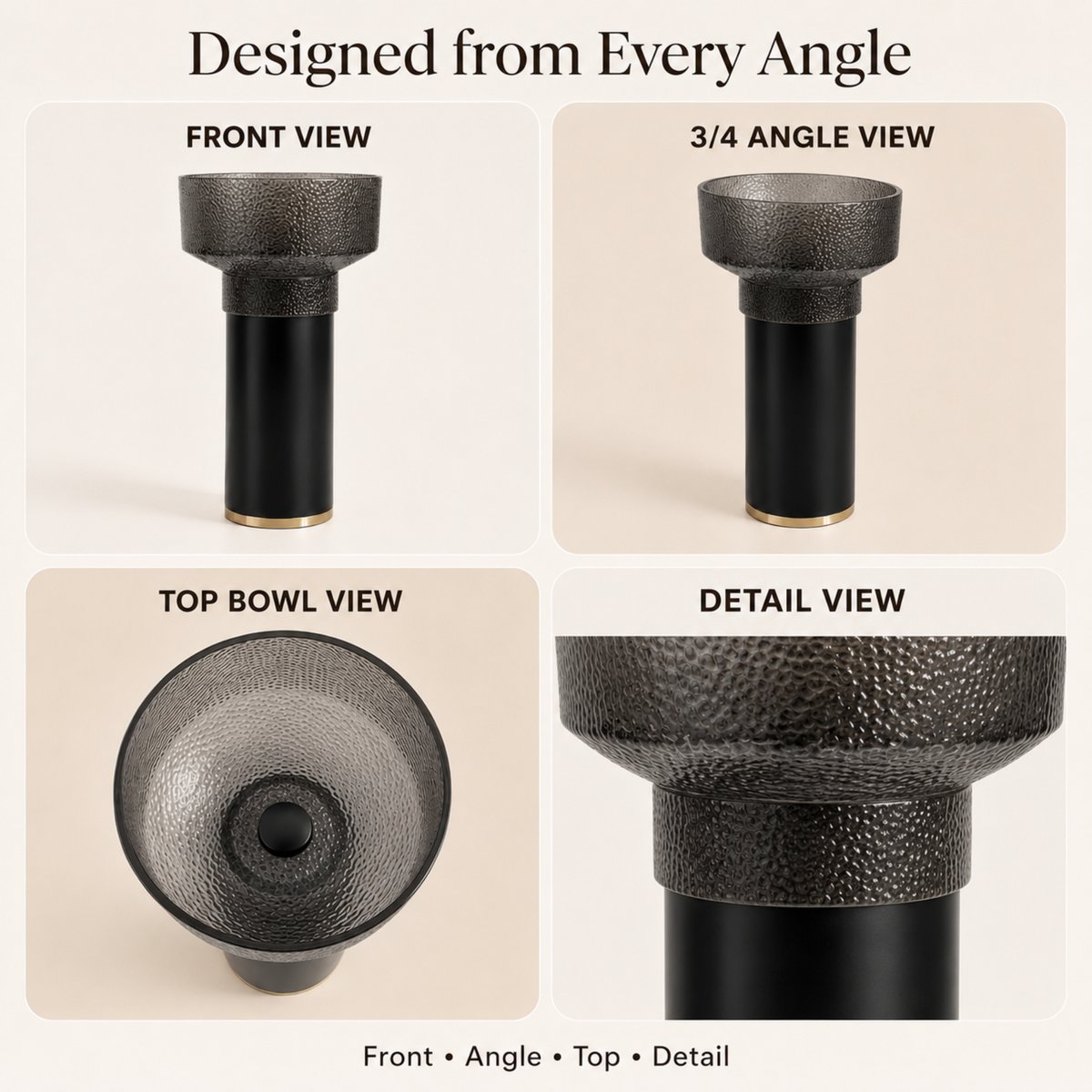 Novera Global Hammer Freestanding Pedestal Wash Basin | Round Smoked Glass Bowl with Matte Black Solid Surface Pedestal & Gold Accent | 10-Years Warranty | Floor Standing Wash Basin | 450 × 450 × 900 mm