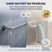 Towel rack with hard water damage on left, Novera Cera Towel Rack on right, showing effectiveness in hard water areas.