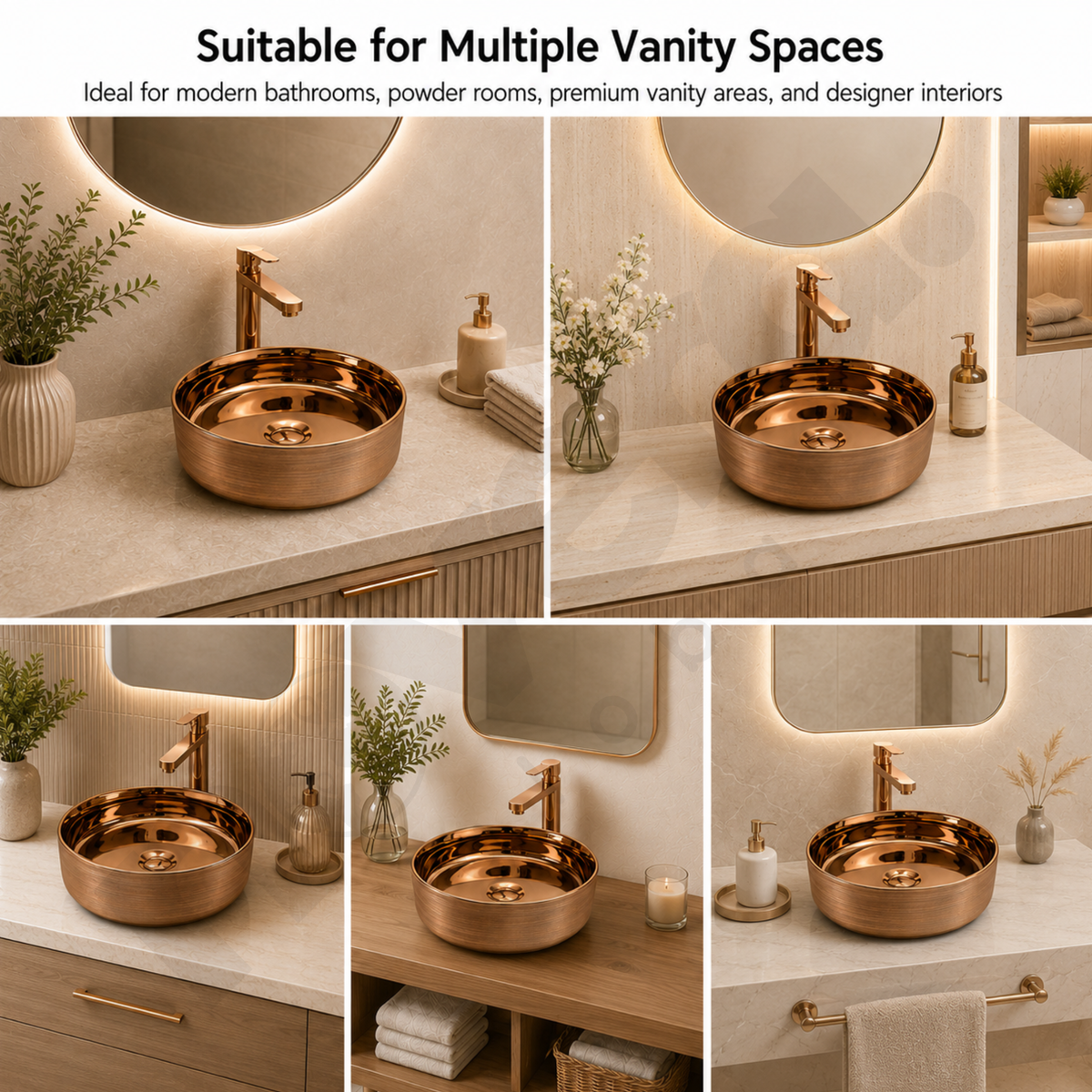 Novera Global Ceramic Table Top Wash Basin | Glossy Finish Round Vessel Sink | Above Counter Vessel Sink for Bathroom Vanity | 5-Years Warranty | Imported Glossy Countertop Wash Bowl (Rose Gold)